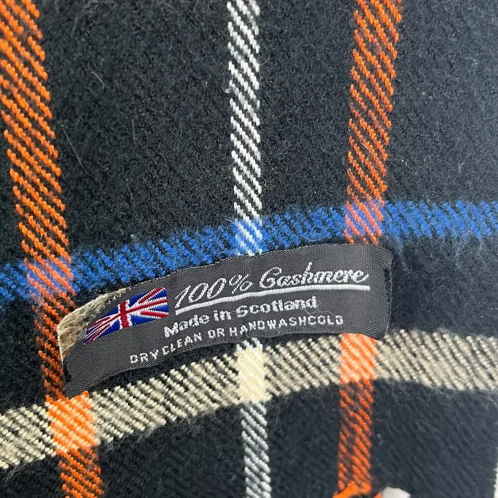 Scottish Plaid Scarf Cashmere Black Orange Blue Cream Fringed